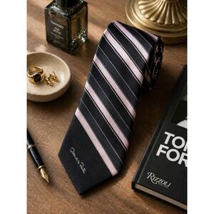 Oscar de la Renta Mens Necktie Black Pink Grey Striped Silk Blend Designer Tie